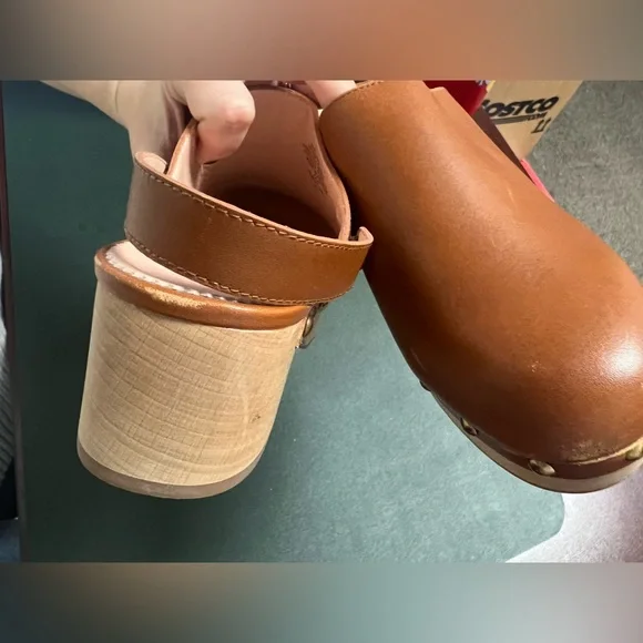 J.Crew brown leather brass stud wood platform slingback clog, size 8.5 - Picture 12 of 13